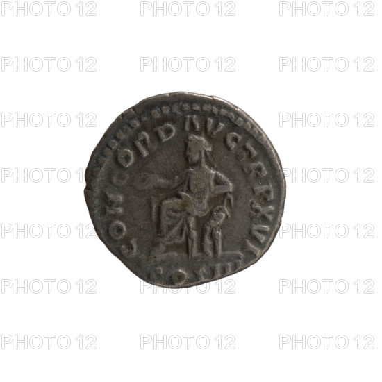 Denarius, Marcus Aurelius (121–180; Roman emperor 161–180), issuer: Marcus Aurelius. Obverse: Head of Marcus Aurelius with laurel wreath facing right, legend IMP M AVREL ANTONINVS AVG. Reverse: Concordia seated left, holding a patera in her right hand and resting her left hand on the figure of Spes, who stands on a cornucopia; legend CONCORD AVG TR P XVI, COS III. Iconography: personifications, paterae, cornucopias, Spes. Date: 161–162. Roman Empire (27 BC–476). Medium: coin (denarius). Dimensions: diameter 16.5–18.5 mm, weight 3.20 g, axis 0°.