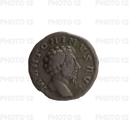 Denarius of Marcus Aurelius (121–180; Roman emperor 161–180). Obverse: head of Marcus Aurelius uncovered, facing right, inscription M ANTONINVS AVG. Reverse: Concordia seated left, holding a patera in her right hand and resting her left hand on the figure of Spes, who stands on a cornucopia, inscription CONCORD AVG TR P XVI, COS III. Date: 161–162. Roman Empire, Rome. Coin. Diameter 17.0–17.5 mm; weight 3.30 g; axis 0°. Subjects and iconography: Concordia (personification), paterae, personifications, Marcus Aurelius — iconography, cornucopias, Spes (personification).