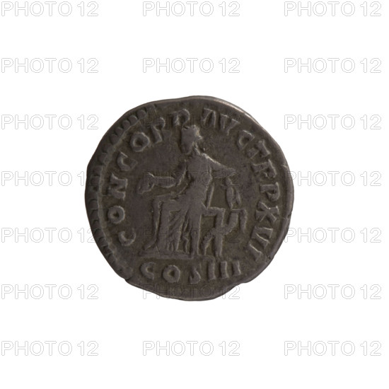denarius, Marcus Aurelius (121–180; Roman emperor 161–180), issuer; obverse: head of Marcus Aurelius uncovered facing right, inscription M ANTONINVS AVG; reverse: Concordia seated left, holding a patera in her right hand, resting her left hand on the figure of Spes, which stands on a cornucopia, inscription CONCORD AVG TR P XVI, COS III; personifications, paterae, cornucopias; iconography of Marcus Aurelius and Spes; dated 161–162; Roman Empire (27 BC–476), Rome; coin; diameter 17.0–17.5 mm; weight 3.30 g; axis 0 degrees.