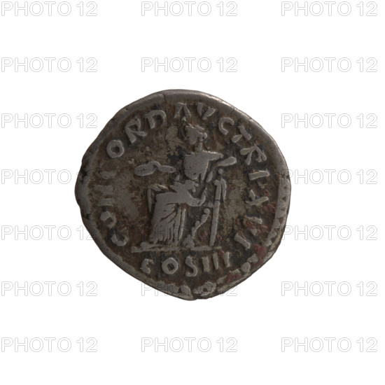 Denarius of Marcus Aurelius (121–180; Roman emperor 161–180), issuer. Obverse: Head of Marcus Aurelius bare, facing right, inscription IMP M AVREL ANTONINVS AVG. Reverse: Concordia seated left, holding a patera in her right hand and resting her left hand on the figure of Spes; a cornucopia is under the seat, inscription CONCORD AVG TR P XVI, COS III. Iconography: personifications, paterae, cornucopias, Spes. Date: 161–162 CE. Roman Empire, Rome. Coin: diameter 17.0–18.5 mm, weight 3.30 g, axis 0°.