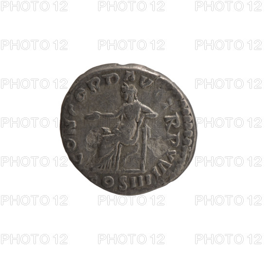 Denarius of Marcus Aurelius (121–180; Roman emperor 161–180). Obverse: head of Marcus Aurelius uncovered, facing right; inscription IMP M AVR TONINVS AVG. Reverse: Concordia seated left, holding a patera in her right hand and resting her left hand on the figure of Spes; under the seat a cornucopia; inscription CONCORD AV, RP XVI, COS III. Date: 161–162. Roman Empire, Rome. Coin; diameter 16.0–17.0 mm, weight 2.60 g, axis 0°.