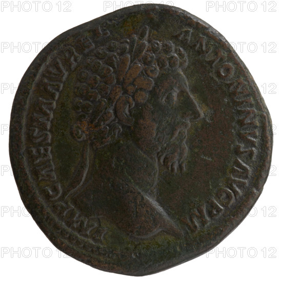 Sestertius of Marcus Aurelius (121–180; Roman emperor 161–180). Obverse: head of Marcus Aurelius with laurel wreath facing right, legend IMP CAES M AVREL - ANTONINVS AVG PM. Reverse: Salus stands left; in her right hand she holds a patera feeding a snake wrapped around an altar, in her left hand a long scepter, legend SALVTI AVGVSTOR TR P XVI, in exergue COS III, control letters SC. Date: 161–162. Roman Empire, Rome. Coin; diameter 31.5–32.0 mm, weight 22.60 g, axis 0°.