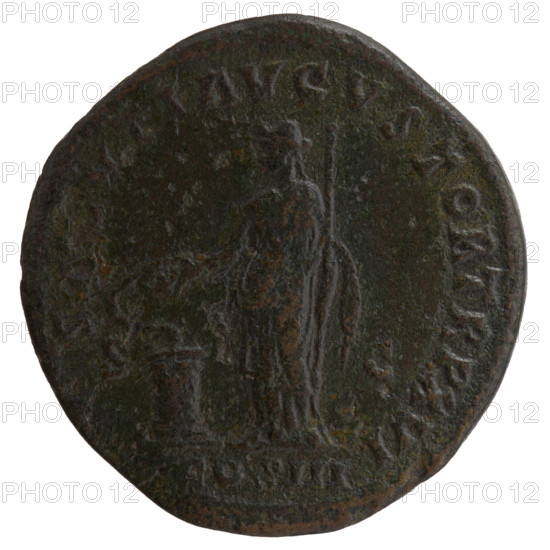 Sestertius of Marcus Aurelius (121–180; Roman emperor 161–180), obverse: head of Marcus Aurelius with laurel wreath facing right, legend IMP CAES M AVREL - ANTONINVS AVG PM; reverse: Salus stands left, in her right hand she holds a patera from which she feeds a snake wrapped around an altar, in her left hand a long scepter, legend SALVTI AVGVSTOR TR P XVI, in exergue COS III, control letters SC. Date: 161–162. Roman Empire, Rome. Coin: diameter 31.5–32.0 mm, weight 22.60 g, axis 0°.