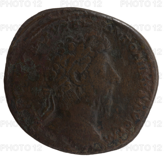 Sestertius of Marcus Aurelius (121–180; Roman emperor 161–180), issuer: Marcus Aurelius — iconography: scepters, altars, personifications, pateras, snakes, horns of plenty, Salus (personification). Obverse: Head of Marcus Aurelius with laurel wreath facing right, inscription IMP M VREL ANTONINVS AVG PM. Reverse: Salus standing left, holding a patera in her right hand feeding a snake wrapped around an altar, and a scepter in her left hand; inscriptions SALV VGV VII, in episode, III, in fields, -C. Date: 162–163. Culture: Roman Empire (27 BC–476), Rome. Object type: coin (sestertius). Measurements: diameter 30.5–32.0 mm, weight 23.75 g, axis 0°.