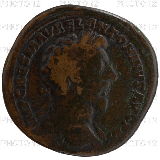 Sestertius, Marcus Aurelius (121–180; Roman emperor 161–180) issuer; Lucius Verus (130–169; Roman emperor) — iconography: Head of Marcus Aurelius in laurel wreath, with drapery on the left shoulder, right, inscription IMP CAES M AVREL ANTONINVS AVG PM around; reverse: Marcus Aurelius and Lucius Verus stand opposite and shake hands, Marcus Aurelius holds a scroll, inscription CONCORD AVGVSTOR TR P XVI around, control mark OS I, in the fields SC. Date: 161–162. Roman Empire (27 BC–476), Rome. Object: coin (sestertius). Diameter 33.0 mm, weight 26.85 g, axis 30°.
