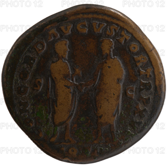 Sestertius, Marcus Aurelius (121–180; Roman emperor 161–180), issuer; Lucius Verus (130–169; Roman emperor) — iconography: handshake, scrolls. Obverse: Head of Marcus Aurelius in laurel wreath, with drapery on the left shoulder, right; legend IMP CAES M AVREL ANTONINVS AVG PM. Reverse: Marcus Aurelius and Lucius Verus stand opposite each other and shake hands; Marcus Aurelius holds a scroll; legend CONCORD AVGVSTOR TR P XVI; control marks OS I, in fields SC. Date: 161–162. Roman Empire (27 BC–476), Rome. Coin; diameter 33.0 mm; weight 26.85 g; axis 30°.