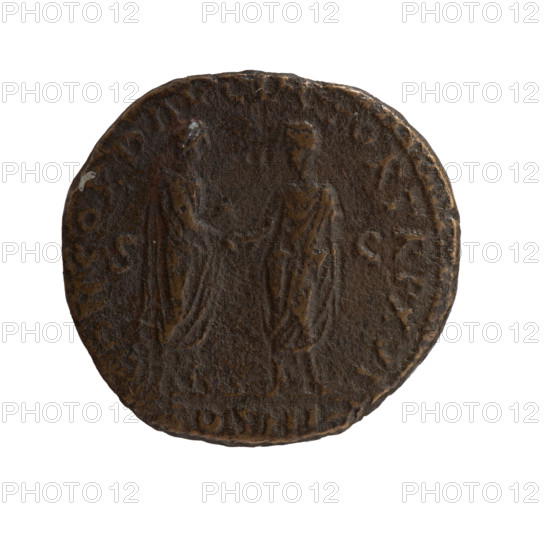 Dupondius, Marcus Aurelius (121–180; Roman emperor 161–180), issuer. Obverse: Head of Marcus Aurelius with radiant crown facing right, inscription 'P CAES M AVREL A...ONINVS AVG PM' circumferential. Reverse: Marcus Aurelius and Lucius Verus standing opposite each other and shaking hands; Marcus Aurelius holding a scroll, inscription 'CONCORD AVGVSTOR TR P XVI' circumferential, in the episode 'OS I' in 'SC' fields. Iconography: Marcus Aurelius; Lucius Verus (130–169) — shaking hands, scrolls. Date: 161–162. Culture/place: Roman Empire, Rome. Object type: coin (dupondius). Dimensions: diameter 24.0–25.0 mm, weight 9.95 g, axis 0°.