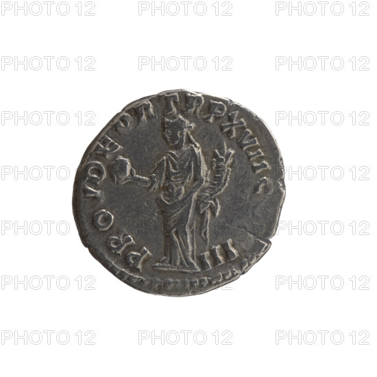 Denarius of Marcus Aurelius (121–180; Roman emperor 161–180), 162–163. Obverse: Head of Marcus Aurelius with laurel wreath facing right, inscription ANTONINVS AVG IMP II. Reverse: Providentia standing left, holding a globe in her right hand and a cornucopia in her left, inscription PROV DEOR TR P XVII C. Iconography: globe (attribute), personifications, Providentia, cornucopias. Medium: Roman coin. Dimensions: diameter 16.5–17.0 mm, weight 2.62 g, axis 180°.