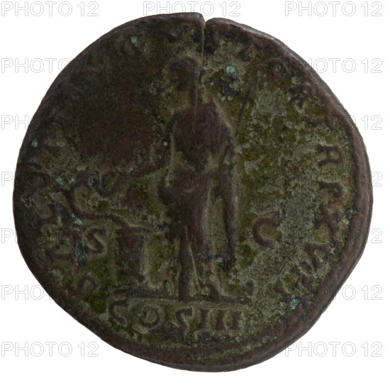 Sestertius, Marcus Aurelius (121–180; Roman emperor 161–180), issuer. Obverse: Head of Marcus Aurelius with laurel wreath facing right; inscription P CAES M AVREL - ANTONINVS AVG, M all around. Reverse: Salus stands left; in her right hand she holds a patera from which she feeds a snake wrapped around an altar, in her left hand a scepter; inscription SALVTI AVGVSTOR TR P XVII, in the COS III episode, in the SC. Fields. Iconography: scepters, personifications, pateras, altars, cornucopias, snakes, Salus. Date: 162–163. Roman Empire (27 BC–476), Rome. Coin. Diameter 31.0–32.0 mm; weight 22.70 g; axis 345°.