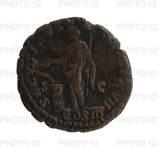 Dupondius of Marcus Aurelius (121–180), Roman emperor 161–180. Obverse: Head of Marcus Aurelius with laurel wreath facing right, legend 'IMP CAES M AVREL - ANTONINVS AVG PM'. Reverse: Salus standing left, holding a patera in her right hand feeding a snake wrapped around an altar, and a scepter in her left; legends 'SALVTI AVGVS', 'OR TR P XVII', 'COS III', 'IN SC' (fields). Date: 162–163. Roman Empire. Coin; diameter 25.0–25.5 mm; weight 8.80 g; axis 0°.