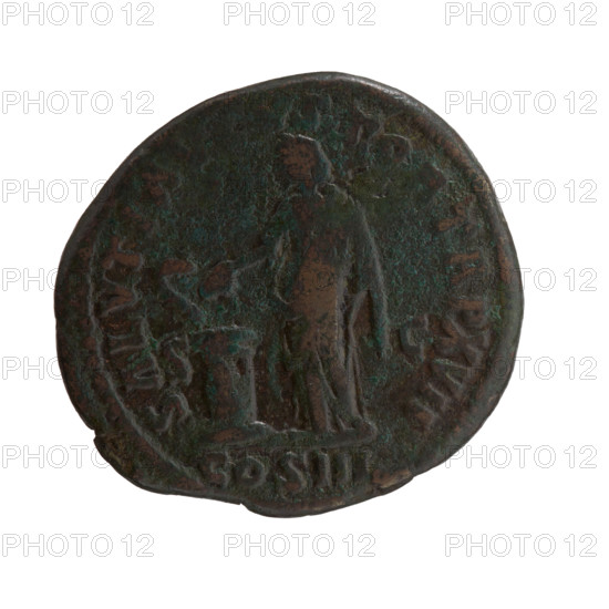 Dupondius, Marcus Aurelius (121–180; Roman emperor 161–180), issuer; iconography: scepters; personifications: Salus; altars; paterae; cornucopiae; snakes. Obverse: Head of Marcus Aurelius with a laurel wreath facing right, legend IMP CAES M AVREL ANTONINVS AVG PM. Reverse: Salus standing left, in her right hand holding a patera feeding a snake wrapped around an altar, in her left hand a scepter, legend SALVTI AV, STO R TR P XVII, COS III, in SC fields. Date: 162–163. Culture/place: Roman Empire, Rome. Object type/material: coin (dupondius). Measurements: diameter 24.5–27.0 mm, weight 11.40 g, axis 135°.
