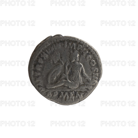 Denarius, Marcus Aurelius (121–180; Roman emperor 161–180), issuer: Marcus Aurelius. Obverse: Head of Marcus Aurelius with a laurel wreath to the right, inscription 'ANTONINVS AVG - ARMENIACVS'. Reverse: Personification of Armenia in a short robe, trousers and a pointed cap, seated left; in front of her a shield and a standard (vexillum); she supports her head with her right hand and rests her left on a bow and a quiver, inscription 'PM TR P XVIII IMP II COS III' and legend 'ARMEN.' Episode dated 163–164, Rome, Roman Empire (27 BC–476). Coin; weight 2.90 g; diameter obverse 16.5 mm, diameter reverse 17.5 mm; axis 30°.