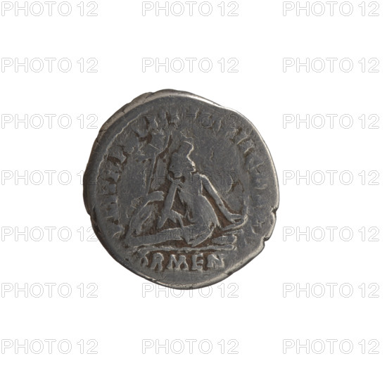 Denarius of Marcus Aurelius (121–180; Roman emperor 161–180). Obverse: Head of Marcus Aurelius with a laurel wreath facing right, inscription ANTONINVS AVG. Reverse: Personification of Armenia in a short robe, trousers and a pointed cap sitting left; she supports her head with her right hand, rests her left hand on a bow and a quiver, with a shield and a standard (vexillum) in front; inscriptions PM TR P XVIII IMP II COS III and ARMEN. Date: 163–164. Roman Empire. Coin; diameter 16.0 mm, weight 2.80 g, axis 180°.