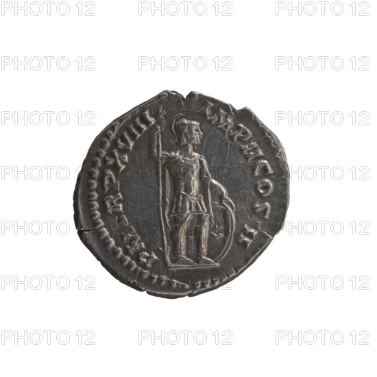 Denarius of Marcus Aurelius (121–180; Roman emperor 161–180), 163–164. Obverse: Head of Marcus Aurelius with laurel wreath facing right, legend ANTONINVS AVG - ARMENIACVS. Reverse: Mars standing right, holding a spear with the head down in his right hand and resting his left hand on a shield, legend PM, RP XVIII - IMP II COS, II. Roman Empire (27 BC–476), Rome. Coin; silver. Diameter 17.0–19.0 mm; weight 3.35 g; axis 180°.