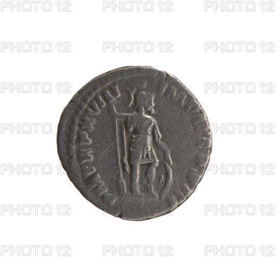 Denarius, Marcus Aurelius (121–180; Roman emperor 161–180) — obverse: head of Marcus Aurelius without a cap facing right, inscription N O NVS AVG - ARMEN, CVS around; reverse: Mars standing right, holding a spear with the point down in his right hand and resting his left hand on a shield, inscription PM TR P XVIII - IMP II COS III around; iconography: Marcus Aurelius, Mars, Roman deities, shields, spears; date: 163–164; culture: Roman Empire (27 BC–476); place: Rome; medium: coin; weight: 2.70 g; diameter: 16.5–17.5 mm; axis: 180 degrees.