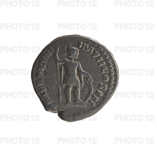 Denarius, Marcus Aurelius (121–180; Roman emperor 161–180) — obverse: head of Marcus Aurelius without a cap to the right, inscription ANTONINVS AVG - ARMENIAC; reverse: Mars standing right, holding a spear with the tip down in his right hand and resting his left hand on a shield, inscription M TR P XVIII - IMP II COS III; iconography includes Mars, spears, shields; dated 163–164; Roman Empire (27 BC–476), Rome; coin; diameter 18.0–18.5 mm; weight 3.10 g; axis 0°.