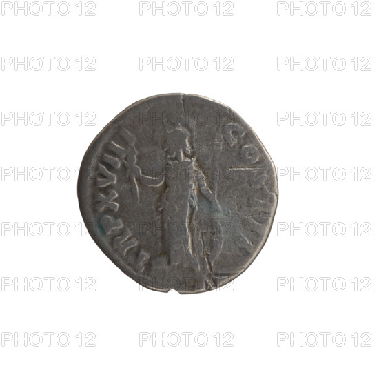 Denarius, Marcus Aurelius (121–180; Roman emperor 161–180), issuer. Obverse: Head of Marcus Aurelius uncovered, with drapery on the left shoulder, facing right; inscription 'M ANTONINVS - AVG IMP II' all around. Reverse: Minerva stands left, holds a twig in her right hand, supports a round shield with a spear leaning against it in her left hand; inscription 'TR P XVIII - COS III' all around. Date: 163–164. Roman Empire (27 BC–476), Rome. Coin; silver; diameter 17.5 mm; weight 2.56 g; axis 195°.