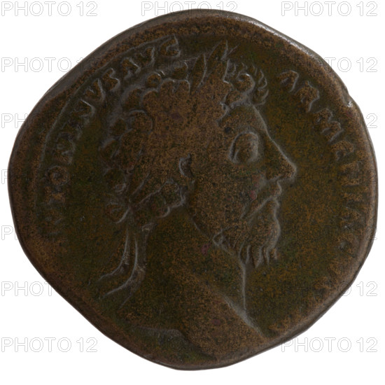 Sestertius, Marcus Aurelius (121–180; Roman emperor 161–180), issuer. Obverse: Head of Marcus Aurelius with laurel wreath facing right, legend ANTONINVS AVG - ARMENIACVS PM. Reverse: Mars standing right, holding a spear in his raised right hand, resting his left hand on a round shield standing on the ground, legend RP XV, P II CO, in SC. Date: 163–164. Place: Rome, Roman Empire. Material: coin. Diameter: 31.0–32.5 mm. Weight: 22.50 g. Axis: 0°.