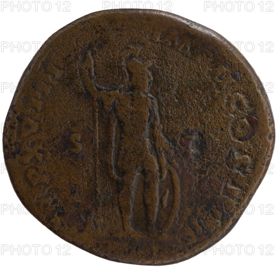 sestertius, Marcus Aurelius (121–180; Roman emperor 161–180), issuer; Roman deities, Mars; Marcus Aurelius — iconography; spears, shields. Obverse: Head of Marcus Aurelius with laurel wreath facing right, inscription 'M AVREL, ONINVS AV - ARMENIACVS PM' around. Reverse: Mars standing right, holding a spear in his raised right hand, resting his left hand on a round shield standing on the ground, inscription 'TR P XVIII - IMP II COS III' around, in SC fields. Date: 163–164. Roman Empire (27 BC–476). Rome. Coin: sestertius; diameter 30.5–31.5 mm; weight 24.80 g; axis 0 degrees.