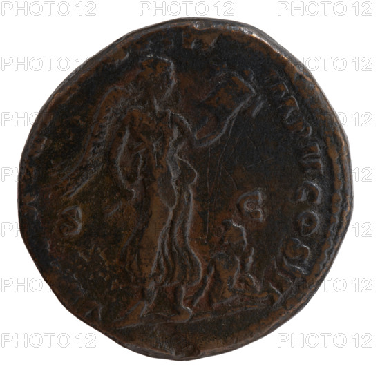 sestertius, Marcus Aurelius (121–180; Roman emperor 161–180) (issuer); obverse: head of Marcus Aurelius with laurel wreath to the right, NVS AVG - ARMENIACVS PM around; reverse: Victoria stands to the right holding a trophy in both hands, in front of her sits the personification of Armenia, VI, XVIII - IMP II COS III around, in SC fields; dated 163–164; Roman Empire (27 BC–476), Rome; coin; diameter 30.0–30.5 mm, weight 26.47 g, axis 15°