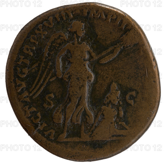 Sestertius, Marcus Aurelius (121–180; Roman emperor 161–180), issuer; obverse: head of Marcus Aurelius with laurel wreath facing right, inscription M AVREL ANTONINVS - AVG ARM, M all around; reverse: Victoria standing right, holding a trophy in both hands, in front of her sits the personification of Armenia, inscription VICT AVG TR P XVIII - IMP II C, all around, in SC fields; dated 163–164; Roman Empire (27 BC–476); Rome; coin; diameter 30.0–31.5 mm; weight 24.30 g; axis 0°.