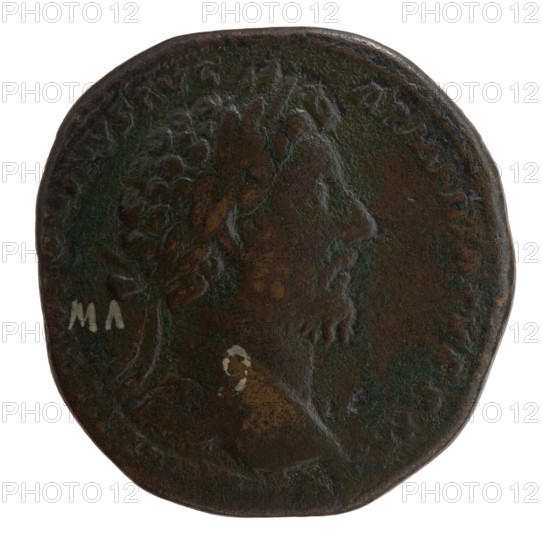 sestertius, Marcus Aurelius (121–180; Roman emperor 161–180), issuer: Marcus Aurelius; obverse: head of Marcus Aurelius with laurel wreath to the right, inscription REL ANTONINVS AVG - ARMENIACVS PM; reverse: Victoria stands to the right holding a trophy in both hands, in front of her sits the personification of Armenia, inscription VICT AVG TR P XVIII IMP II COS III, in SC fields; date: 163–164; Roman Empire (27 BC–476), Rome; coin; diameter 29.5–30.5 mm; weight 22.80 g; axis 0°.