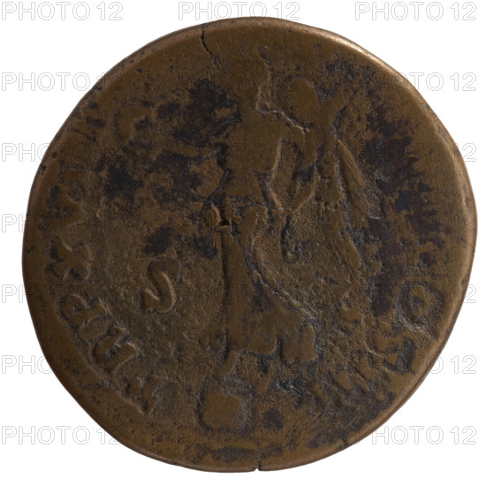 Sestertius of Marcus Aurelius (121–180; Roman emperor 161–180). Obverse: head of Marcus Aurelius in a laurel wreath facing right, inscription M VREL ANTONINVS AVG PM all around. Reverse: Victoria standing on a globe facing left, holding a wreath in her outstretched right hand and a palm in her left, inscription TR P XVIII, COS III all around, in SC fields. Date: 163–164. Roman Empire (27 BC–476), Rome. Coin: diameter 30.0–30.5 mm, weight 19.50 g, axis 180 degrees.