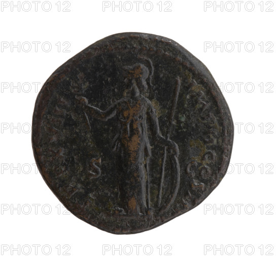 Dupondius, Marcus Aurelius (121–180; Roman emperor 161–180), issuer. Obverse: Head of Marcus Aurelius with a radiant crown facing right, legend 'M AVREL ANTO - NINVS AVG PM'. Reverse: Minerva standing left, holding a branch in her right hand, holding a shield on the ground with a spear leaning against it in her left hand, legend 'TR P XVIII - IMP II COS III' in exergue, 'SC' in fields. Date: 163–164. Roman Empire (27 BC–476), Rome. Coin; diameter 25.0 mm; weight 10.30 g; axis 180°.