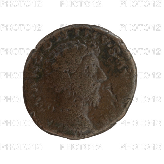 As/dupondius, Marcus Aurelius (121–180; Roman emperor 161–180), issuer: Marcus Aurelius; obverse: Head of Marcus Aurelius without a covering to the right, legend M ANTONINVS AV, PM; reverse: Mars walking to the left, holding a figure of Victoria in his outstretched right hand and a trophy in his left, legend TR P XVIII, II COS III, in SC; date: 163–164; Roman Empire (27 BC–476), Rome; coin; diameter 24.0–26.0 mm; weight 11.35 g; axis 345°.