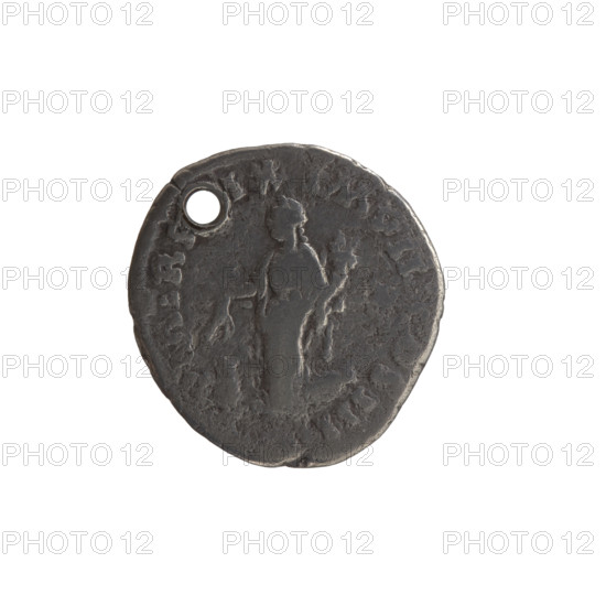 Denarius (with a hole). Obverse: Bust of Marcus Aurelius (121–180; Roman emperor 161–180) in laurel wreath and armor facing right, inscription M. ANTONINVS AVG — ARMENIACVS. Reverse: Annona (personification) stands left, holding ears of corn above a modius in her right hand and a cornucopia in her left; below is the prow of a ship; inscriptions PM TR P[?], IX — IMP II, COS III. Iconography: ears of corn, Annona, ships, modius, cornucopia. Date: 165. Culture/place: Roman Empire, Rome. Object type/materials: coin (denarius), diameter 17.0–18.0 mm, weight 2.95 g, axis 15°.