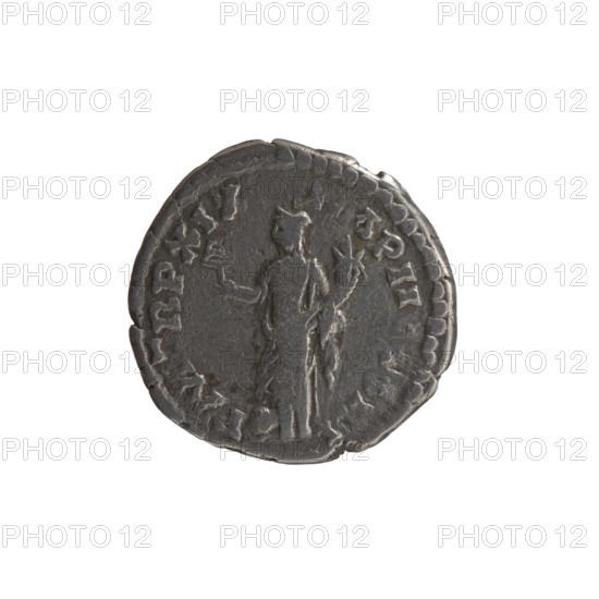 Denarius, Marcus Aurelius (121–180; Roman emperor 161–180), issuer; obverse: head of Marcus Aurelius with laurel wreath facing right, inscription ANTONINVS AVG — MENIACVS around; reverse: Felicitas stands left, rests his right leg on a globe, holds a caduceus in his right hand and a cornucopia in his left, inscription PM TR P XIX — P II, S III around; dated 164–165; Roman Empire (27 BC–476), Rome; coin; diameter 17.5 × 18.2 mm, weight 3.06 g.