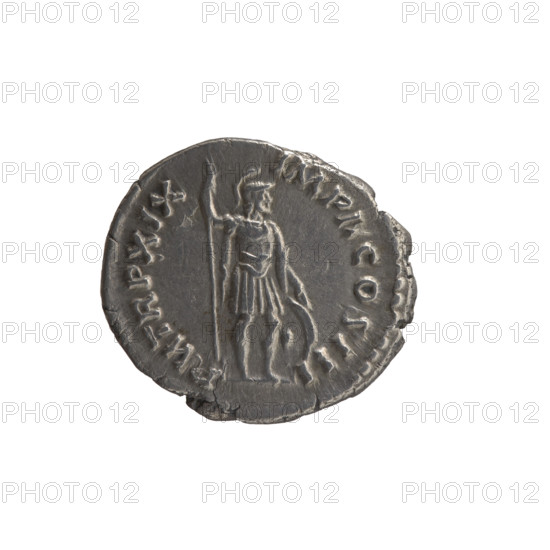Denarius; issuer: Marcus Aurelius (121–180; Roman emperor 161–180). Obverse: Head of Marcus Aurelius uncovered facing right, inscription NTONINVS AVG - ARM, ACVS. Reverse: Mars standing right, holding a spear in his right hand, resting his left on a shield standing on the ground, inscription PM TR P XIX - IMP I, COS III. Date: 164–165. Place: Rome, Roman Empire (27 BC–476). Subject/icons: Roman deities, Mars; iconography of Marcus Aurelius, shields, spears. Coin type: coin; diameter 17.0–19.0 mm; weight 2.77 g; axis 180 degrees.