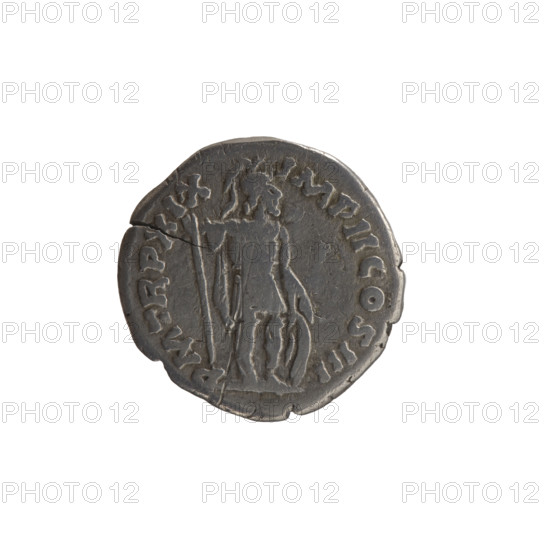 Denarius, Marcus Aurelius (121–180; Roman emperor 161–180), obverse: head of Marcus Aurelius uncovered facing right, inscription ANTONINVS AVG - ARMENIAC, mintmark S all around; reverse: Mars standing right, holding a spear in his right hand, resting his left on a shield standing on the ground, inscription PM TR P XIX - IMP II COS III all around; dated 164–165; Roman Empire (27 BC–476), Rome; material: coin; diameter 17.0 mm; weight 2.60 g; axis 0°.