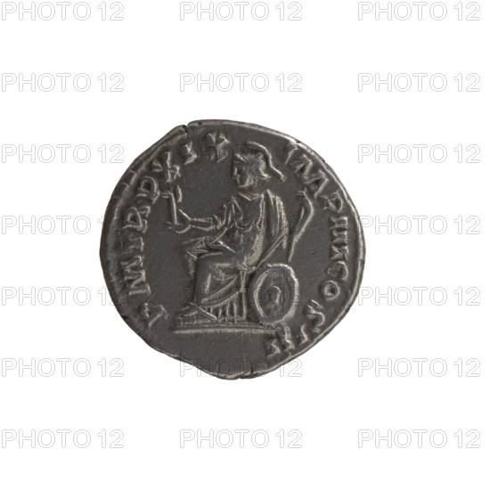 Denarius of Marcus Aurelius (121–180; Roman emperor 161–180), 165. Obverse: Head of Marcus Aurelius in a laurel wreath to the right; inscription M ANTONINVS AVG - ARMENIACVS. Reverse: Roma seated on a shield to the left, holding a small figure of Athena (palladium) in her outstretched right hand and a spear in her left; inscription PM TR P XIX - IMP III COS III. Personifications; palladium attribute; shields; spears. Roman Empire (27 BC–476). Coin. Diameter 17.5–18.0 mm; weight 3.55 g; axis 0°.