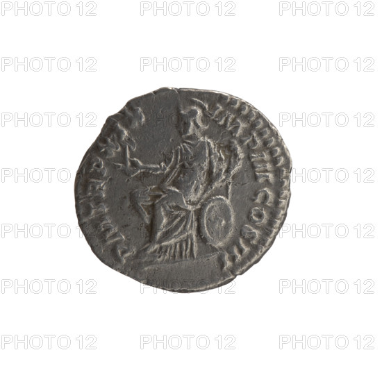 Denarius of Marcus Aurelius (121–180; Roman emperor 161–180), 165. Obverse: Head of Marcus Aurelius in a laurel wreath to the right, inscribed M ANTONINVS AVG - ARMENIACVS. Reverse: Roma seated on a shield to the left; in her right outstretched hand she holds a figure of Athena (palladium), in her left a spear, inscribed PM TR P XIX - IMP III COS III. Personifications: Roma. Attributes: shields, palladium, spears. Roman Empire (27 BC–476). Rome. Coin; diameter 17.5 mm; weight 3.15 g; axis 15 degrees.