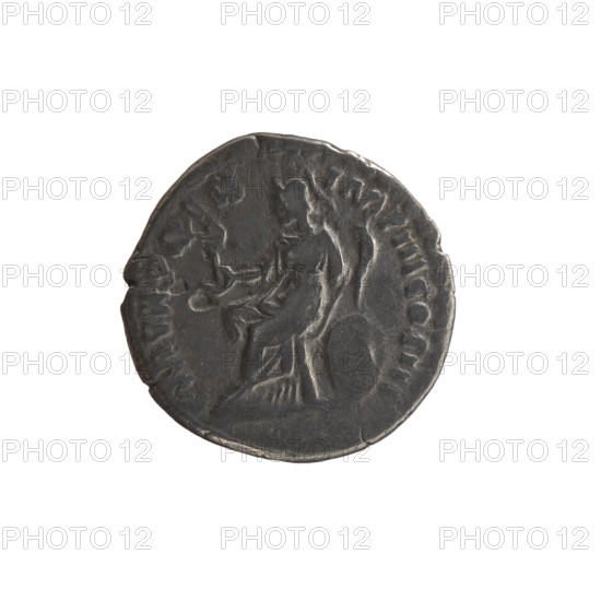 Denarius of Marcus Aurelius (121–180; Roman emperor 161–180), issuer Marcus Aurelius; obverse: head of Marcus Aurelius in a laurel wreath to the right, legend M ANTONINVS AVG - ARMENIACVS; reverse: Roma seated on a shield to the left, holding a figure of Athena (palladium) in her outstretched right hand and a spear in her left, legend PM TR P XIX - IMP III COS III; dated 165; Roman Empire (27 BC–476), Rome; coin; diameter 16.5–17.5 mm; weight 3.00 g; axis 180 degrees.