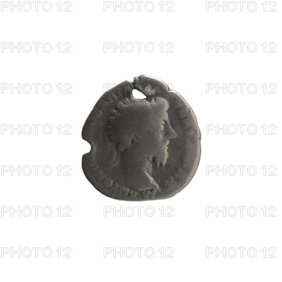 Denarius (with a hole). Marcus Aurelius (121–180; Roman emperor 161–180), issuer. Obverse: Head of Marcus Aurelius with laurel wreath facing right, inscription M ANTONIN, AVG ARM - PA, MAX. Reverse: Pax standing left, holding a branch in his right hand and a cornucopia in his left, inscriptions TR P - X, IM - IIII COS III; episode PAX, 166. Roman Empire (27 BC–476), Rome. Coin: diameter 16.5–18.0 mm, weight 2.20 g, axis 0°.