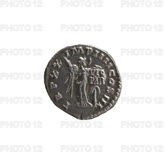 Denarius of Marcus Aurelius (121–180; Roman emperor 161–180). Obverse: Head of Marcus Aurelius in a laurel wreath facing right; legend 'M ANTONINVS AVG - ARM PARTH MAX'. Reverse: Victoria stands half-naked frontally, head turned right, holding a palm branch in her right hand and fastening a shield inscribed 'VIC PAR' to a tree with her left; legend 'TR P XX - IMP IIII COS III'. Date: 166. Roman Empire (27 BC–476), Rome. Coin: diameter 18.0–18.5 mm, weight 3.10 g, axis 180°.