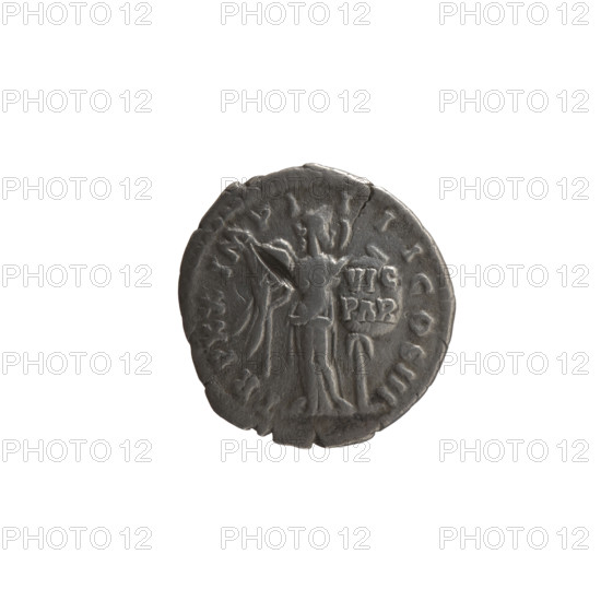 Denarius of Marcus Aurelius (121–180; Roman emperor 161–180). Obverse: Head of Marcus Aurelius in a laurel wreath facing right, inscription 'M ANTONINVS AVG - ARM PARTH MAX'. Reverse: Victoria stands half-naked frontally, head turned right; she holds a palm branch in her right hand and with her left fastens a shield inscribed 'VIC PAR' to a tree, inscription 'TR P XX IMP I - III COS III' all around. Date: 166. Culture: Roman Empire (27 BC–476). Place: Rome. Object type: coin. Material: silver denarius. Diameter: 18.0 mm. Weight: 2.48 g. Axis: 0°.