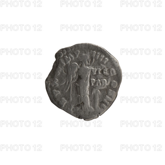 Denarius of Marcus Aurelius (121–180; Roman emperor 161–180). Obverse: Head of Marcus Aurelius in a laurel wreath facing right, inscription ANTONINVS AVG - ARM PARTH MAX. Reverse: Victoria stands half-naked frontally, head turned right, holding a palm branch in her right hand; with her left hand she fastens a shield inscribed VIC PAR to a tree; inscriptions TR PX, IMP - IIII COS III. Date: 166. Roman Empire (27 BC–476). Coin. Diameter 18.0 mm, weight 2.60 g, axis 0°.