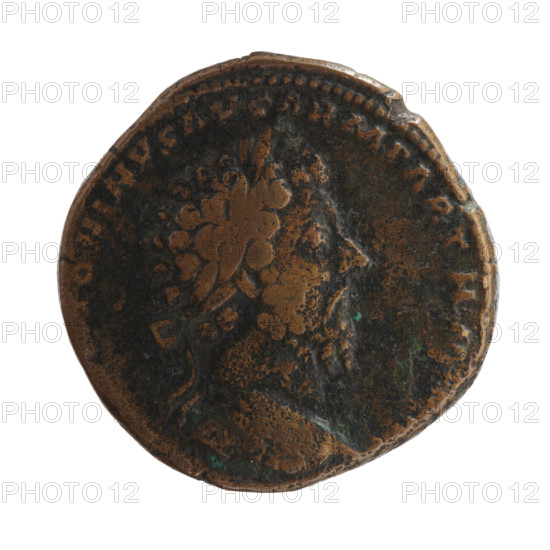 Sestertius of Marcus Aurelius (121–180; Roman emperor 161–180). Obverse: Head of Marcus Aurelius with laurel wreath facing right, inscription NTONINVS AVG ARM PARTH M all around. Reverse: Victoria stands half-naked facing right, holds a palm branch in her right hand; with her left hand she fastens a shield inscribed VIC PAR to a tree; inscription TR POT X - X - IMP IIII COS III all around, in SC fields. Date: 166. Roman Empire (27 BC–476), Rome. Coin. Diameter 31.0 mm, weight 21.95 g, axis 0°.