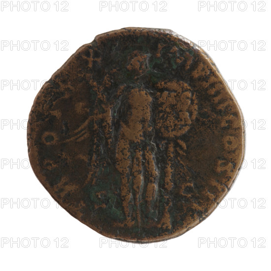 Sestertius of Marcus Aurelius (121–180; Roman emperor 161–180). Obverse: Head of Marcus Aurelius with laurel wreath facing right, inscription NTONINVS AVG ARM PARTH M around. Reverse: Victoria standing half-naked facing right, holding a palm branch in her right hand; with her left hand she fastens a shield inscribed VIC PAR to a tree; inscription TR POT X - X - IMP IIII COS III around, in SC fields. Date: 166. Roman Empire (27 BC–476), Rome. Coin; diameter 31.0 mm; weight 21.95 g; axis 0°.