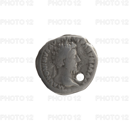 Denarius (with a hole), Marcus Aurelius (121–180; Roman emperor 161–180), issuer: Marcus Aurelius; obverse: head of Marcus Aurelius with laurel wreath facing right, inscribed 'M ANTONINVS AVG ARM PARTH MA' all around; reverse: Aequitas standing left, holding scales in his right hand and cornucopia in his left, inscribed 'TR P XXI IMP III, CO, III' all around; iconography: personifications, Aequitas, scales, cornucopias; date: 166–167; culture: Roman Empire; place: Rome; object type: coin (denarius) with a hole; measurements: diameter 18.0–18.5 mm, weight 2.55 g, axis 180 degrees.