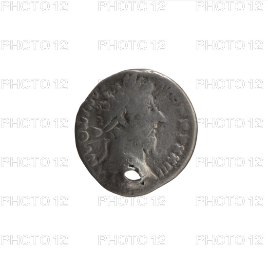 Denarius (hybrid, with a hole), Marcus Aurelius (121–180; Roman emperor 161–180), issuer; iconography: personification Aequitas, cornucopias, scales. Obverse: Head of Marcus Aurelius with laurel wreath facing right, legend M ANTONINVS - AVG TR P XXIII; Reverse: Aequitas seated left, holding scales in right hand and a cornucopia in left, legend TR P, XIII IMP - V - COS III. Date: 168–169, Rome, Roman Empire (27 BC–476). Coin: diameter 18.0–18.5 mm, weight 3.16 g, axis 0°.