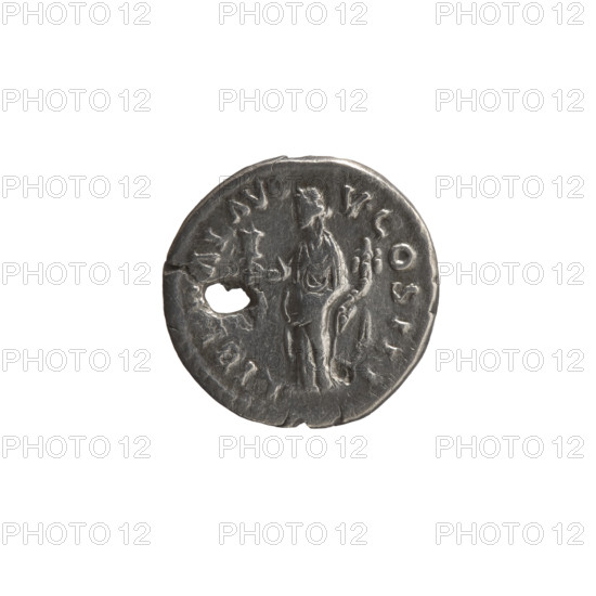 Denarius (with a hole), Marcus Aurelius (121–180; Roman emperor 161–180), issuer; obverse: head of Marcus Aurelius with laurel wreath facing right, inscription M ANTONINVS AVG, XXIII all around; reverse: Liberalitas standing left, holding an abacus in his right hand and a cornucopia in his left, inscription LIBE, AL AVG - V COS III all around; iconography: Marcus Aurelius, Liberalitas (personification), cornucopias, abacus (attribute); dated 168–169; Roman Empire (27 BC–476), Rome; coin: diameter 18.0 mm, weight 2.87 g, axis 0°.