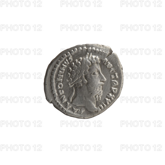 Denarius of Marcus Aurelius (121–180; Roman emperor 161–180), 168–170. Obverse: Head of Marcus Aurelius with laurel wreath facing right, legend 'M ANTONINVS - AVG TR P XXIII'. Reverse: Salus standing left, holding a patera in her right hand above a snake coiled around an altar and a scepter in her left, legend 'SALVT - AVG COS III'. Roman imperial coin; material: coin; diameters 17.5 mm and 19.5 mm; weight 3.30 g; axis 180°.