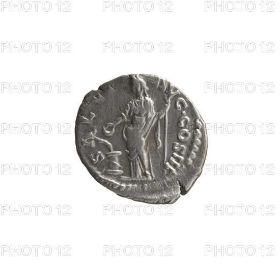 Denarius, Marcus Aurelius (121–180; Roman emperor 161–180), issuer Marcus Aurelius; obverse: head of Marcus Aurelius with laurel wreath facing right, legend 'M ANTONINVS - AVG TR P XXIII'; reverse: Salus standing left, in her right hand holding a patera above a snake coiled around an altar, in her left hand a scepter, legend 'SALVT - AVG COS III'; iconography includes personifications, snakes, altars, paterae, scepters; date 168–170; Roman Empire (27 BC–476); Rome; coin; diameter 17.5–19.5 mm; weight 3.30 g; axis 180 degrees.