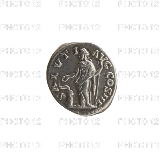 Denarius, Marcus Aurelius (121–180; Roman Emperor 161–180), issuer; obverse: head of Marcus Aurelius with laurel wreath facing right, inscription 'M ANTONINVS AVG - TR P XXIIII' circumferential; reverse: Salus standing left, holding a patera in her right hand feeding a snake coiled around an altar and a long scepter in her left, inscription 'SALVTI - AVG COS III' circumferential; date 169–170; Roman Empire (27 BC–476), Rome; coin; diameter 16.5–17.5 mm, weight 3.20 g, axis 0 degrees.
