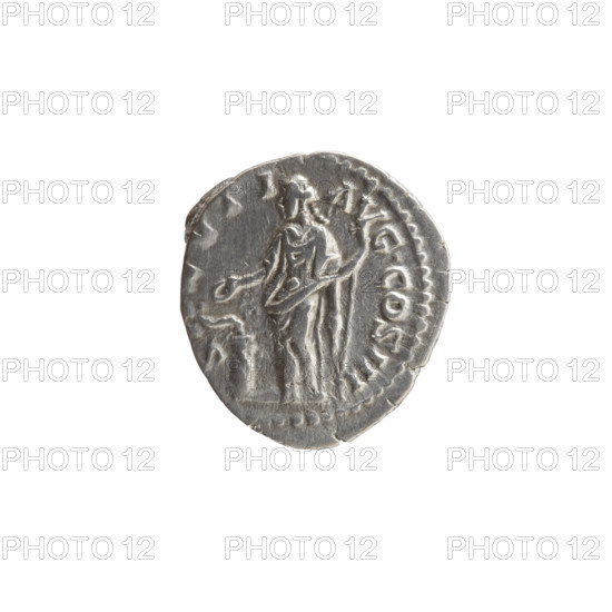 Denarius of Marcus Aurelius (121–180; Roman emperor 161–180), 169–170. Obverse: Head of Marcus Aurelius with laurel wreath facing right, inscription ONINVS AVG - TR P XXIIII circumferential. Reverse: Salus standing left; in her right hand she holds a patera feeding a snake coiled around an altar, in her left hand a long scepter, inscription S VTI - AVG COS III circumferential. Iconography: scepters, personifications, paterae, snakes, Salus, altars. Roman Empire (27 BC–476). Coin: diameter 17.5–19.0 mm, weight 2.99 g, axis 0°.