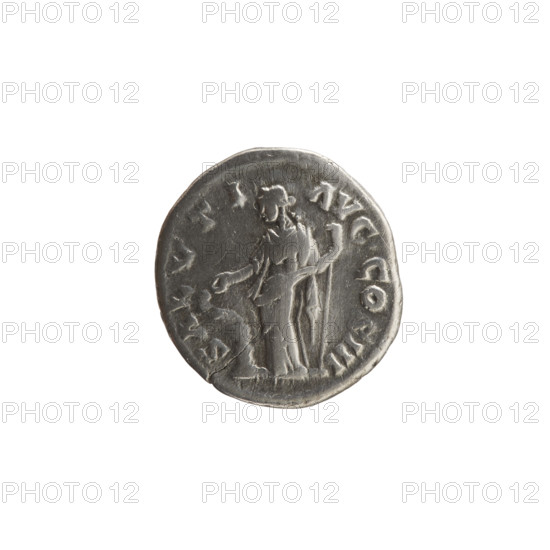 Denarius of Marcus Aurelius (121–180; Roman emperor 161–180), 169–170, Rome. Obverse: Head of Marcus Aurelius with laurel wreath facing right, inscription M ANTONINV AVG - TR P XXIIII. Reverse: Salus standing left, feeding a snake coiled around an altar with a patera in her right hand and holding a long scepter in her left, inscription SALVTI - AVG COS III. Coin; diameter 17.0–18.0 mm, weight 2.82 g, axis 0°.